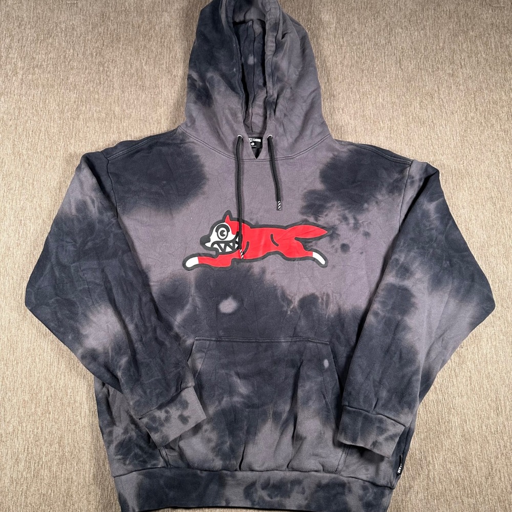Icecream Running Dog Tie Dye Hoodie Mens Large Grey Black Acid Wash Sweatshirt
